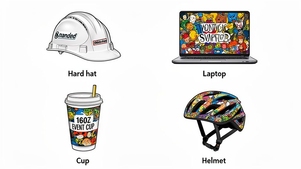 Various objects including a hard hat, laptop, cup, and helmet, all adorned with colorful cartoon patterns.