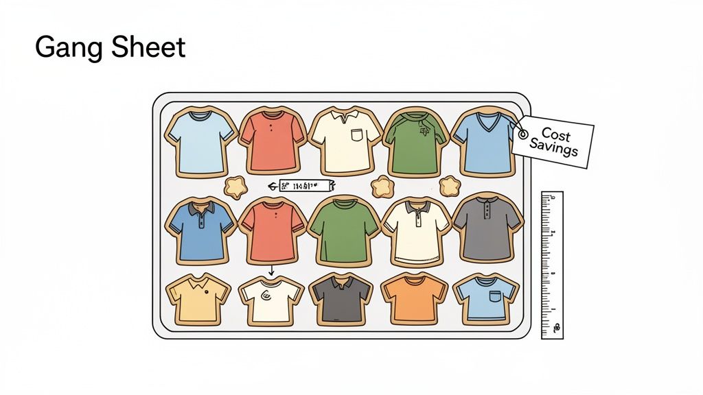 A 'Gang Sheet' displays various t-shirt designs arranged for cost-saving custom apparel printing.