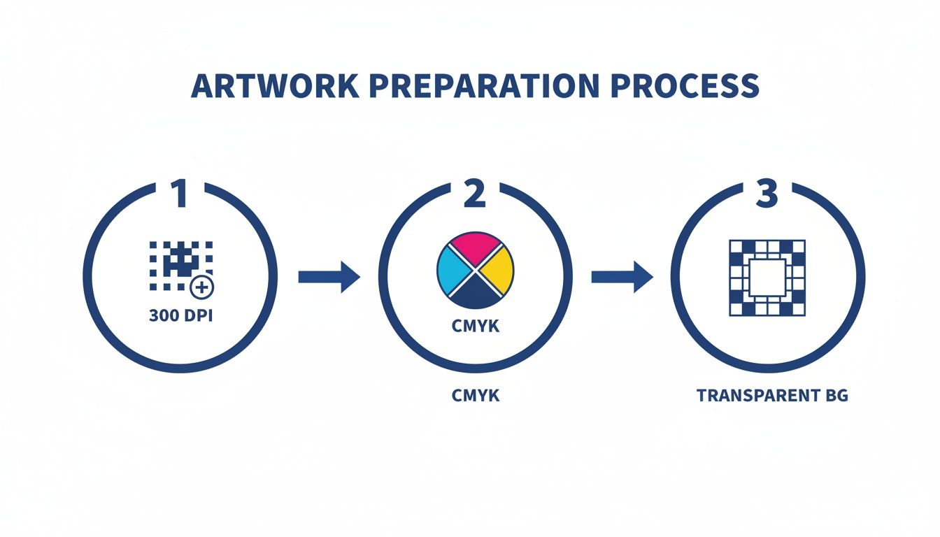 A visual guide illustrating three steps of artwork preparation for printing: 300 DPI, CMYK, and transparent background.