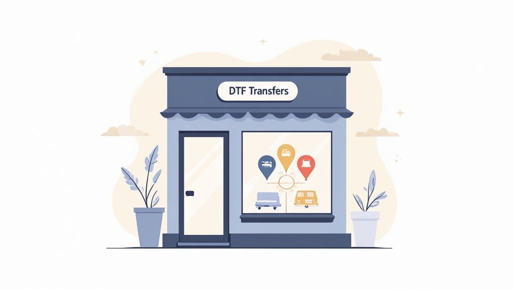 Illustration of a DTF Transfers shop offering custom prints for shirts, bedding, and vehicles.