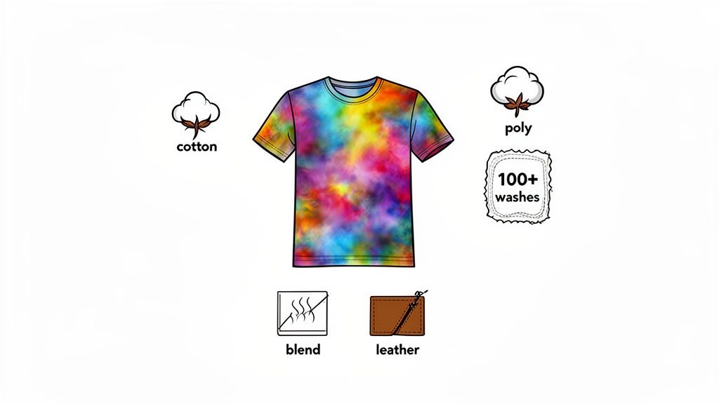 A colorful tie-dye t-shirt shown with icons for cotton, poly, blend, leather, and wash durability.