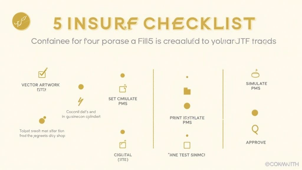 A checklist diagram titled '5 INSURF CHECKLIST' outlining steps for vector artwork, PMS simulation, printing, and approval.