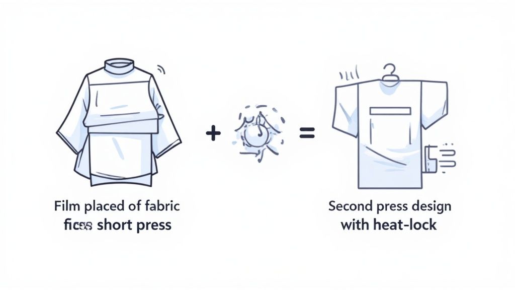 A close-up of a colorful DTF transfer being peeled off a t-shirt after being heat pressed.