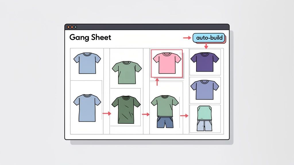 A 'Gang Sheet' interface displaying various T-shirt designs, with an 'auto-build' button and workflow arrows.