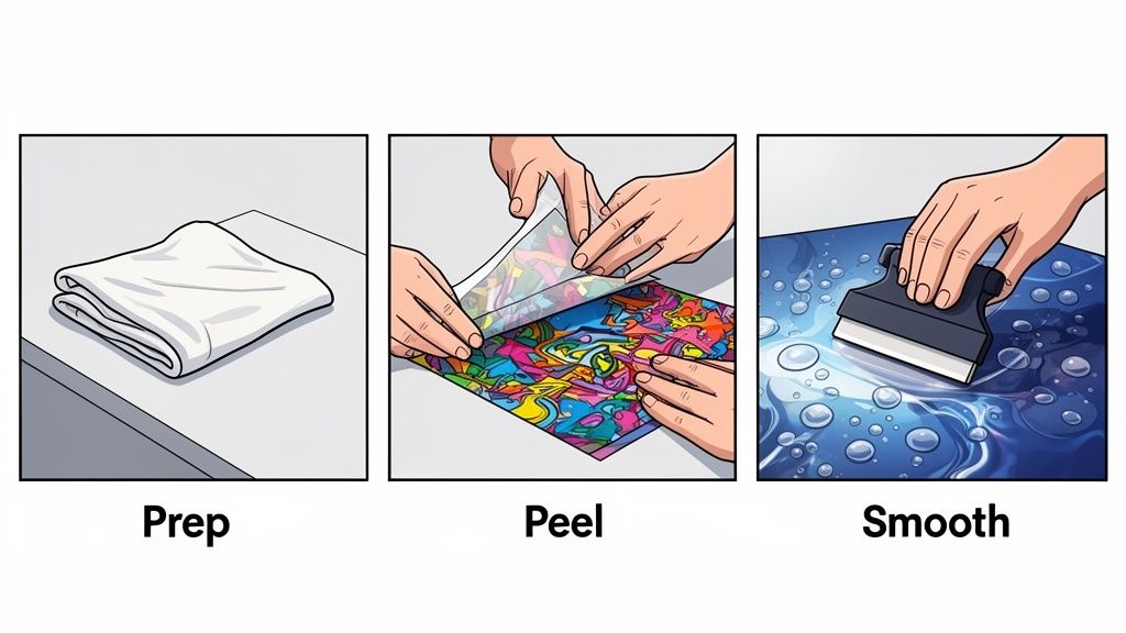 Three panels illustrating the steps to apply a wrap: surface preparation, peeling the transfer film, and smoothing with a squeegee.