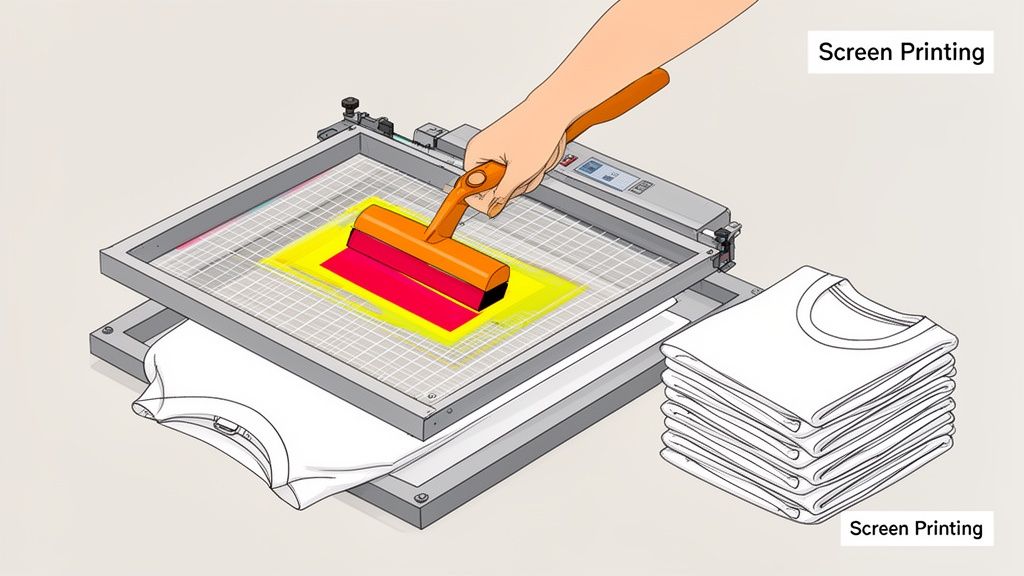 Illustration of a hand using a squeegee to apply red ink during the screen printing process on a white t-shirt.