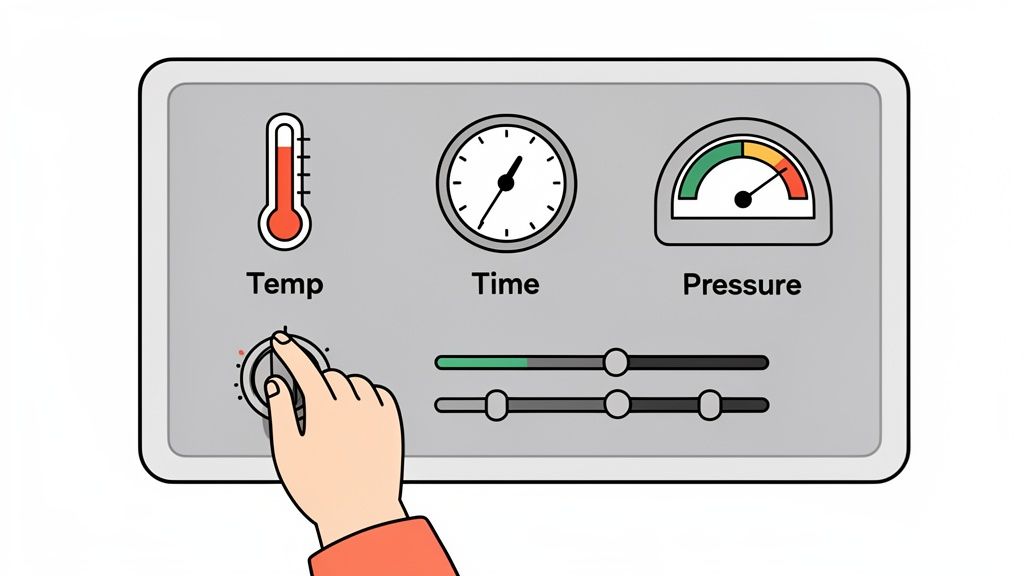A hand adjusts a dial on a control panel with gauges for temperature, time, and pressure, plus two sliders.