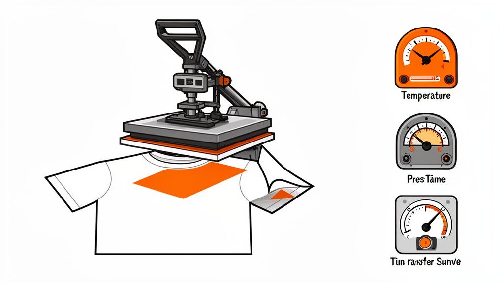 A heat press machine is shown pressing an orange graphic onto a white t-shirt, with gauges for temperature, pressure, and time.