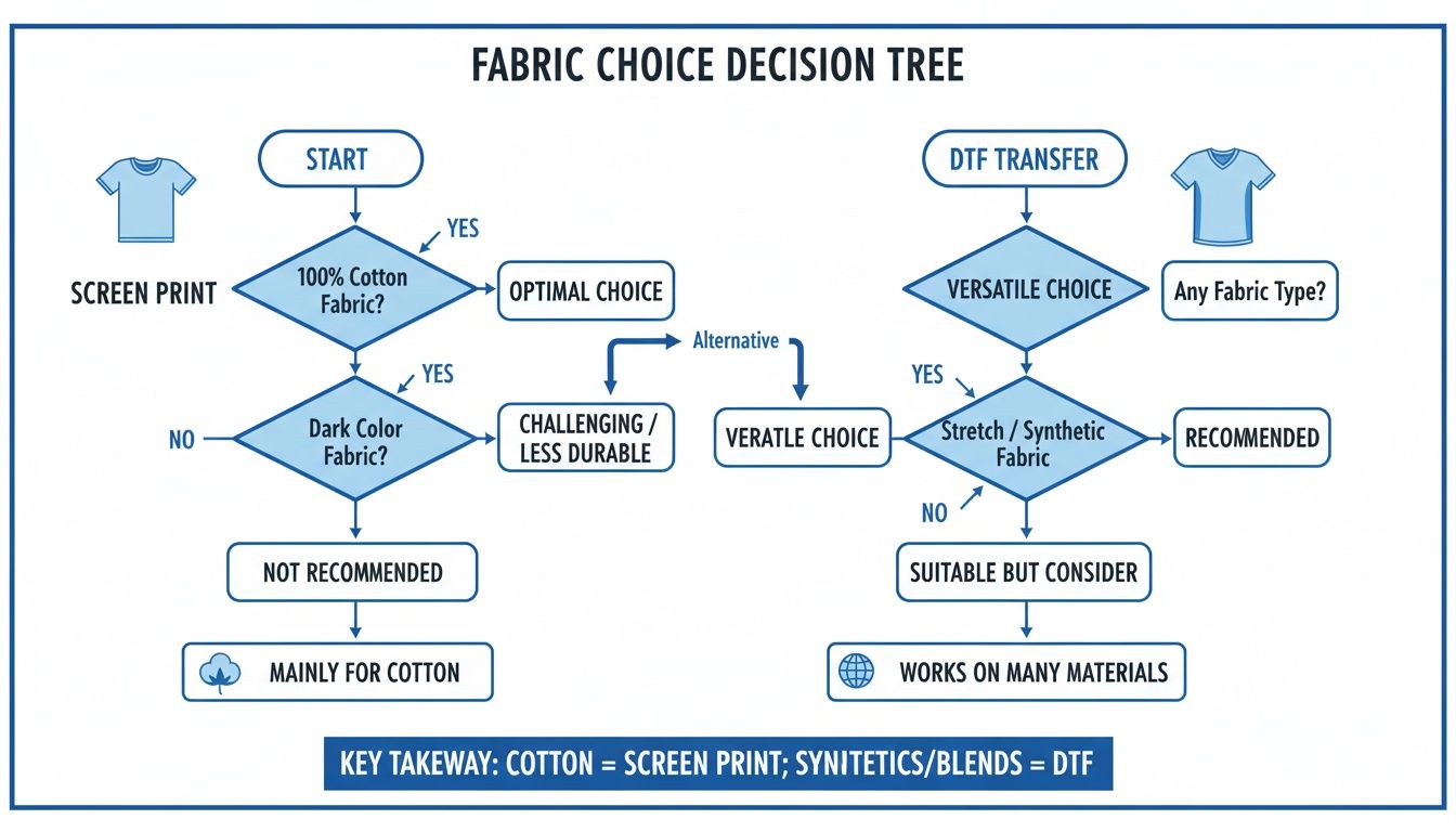 Decision tree for fabric choice in garment printing, comparing screen printing and DTF transfer methods.