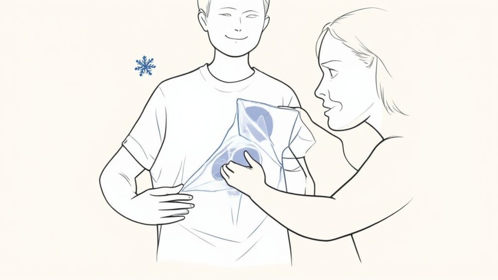 A person applies a cold pack to another person's chest under a white t-shirt.