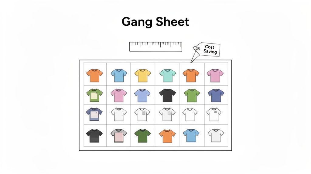 An illustration titled 'Gang Sheet' showing a ruler, a 'Cost Saving' tag, and 24 colorful t-shirt designs on a grid.