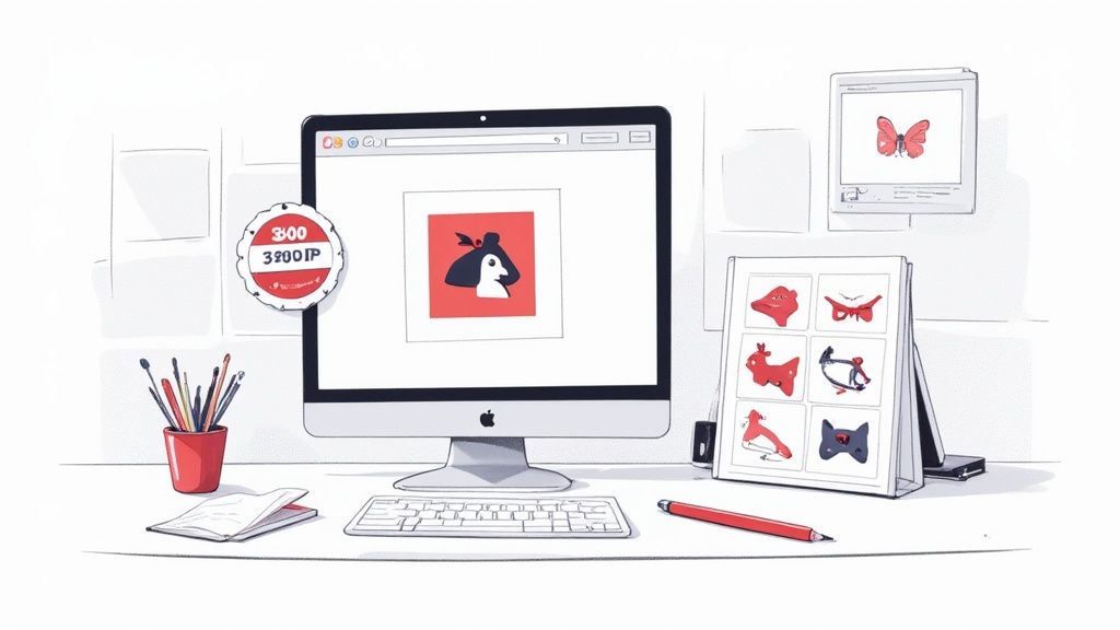 Designer workspace with computer displaying graphic design artwork and illustration samples on desk