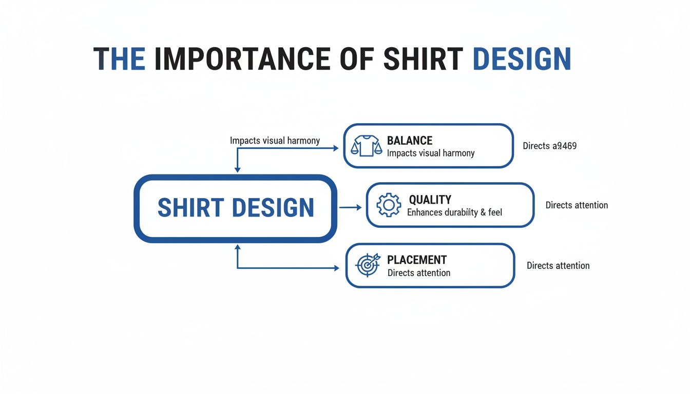 Infographic showing how shirt design impacts balance, quality, and placement for visual harmony.