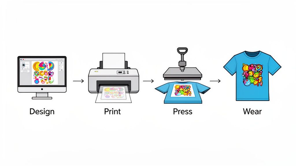 A step-by-step diagram showing custom t-shirt creation from design to print, press, and wear.