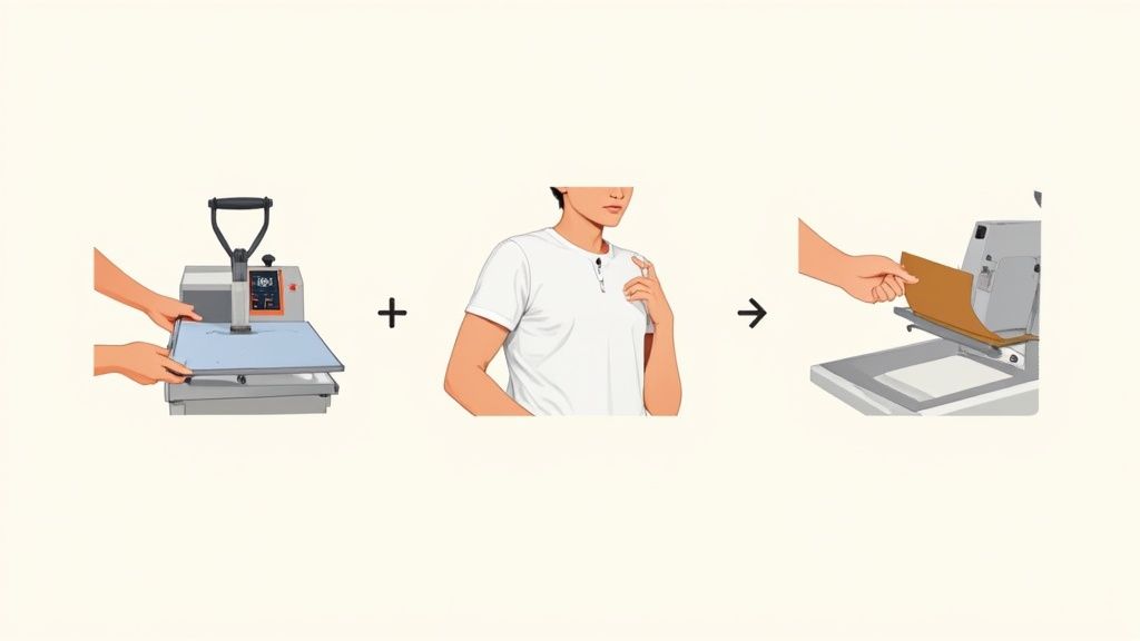 Illustration showing the steps to apply a custom design onto a white t-shirt using a heat press machine.
