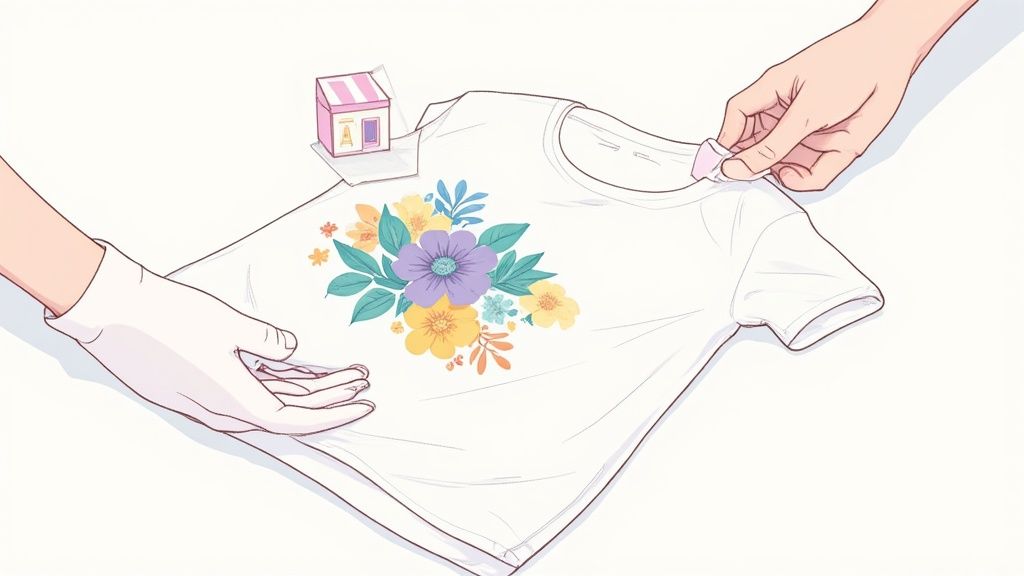 Hands inspecting a white t-shirt with a colorful floral design and a small pink tag.