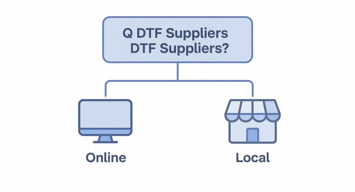 Flowchart illustrating options for finding DTF suppliers, categorized as online or local.