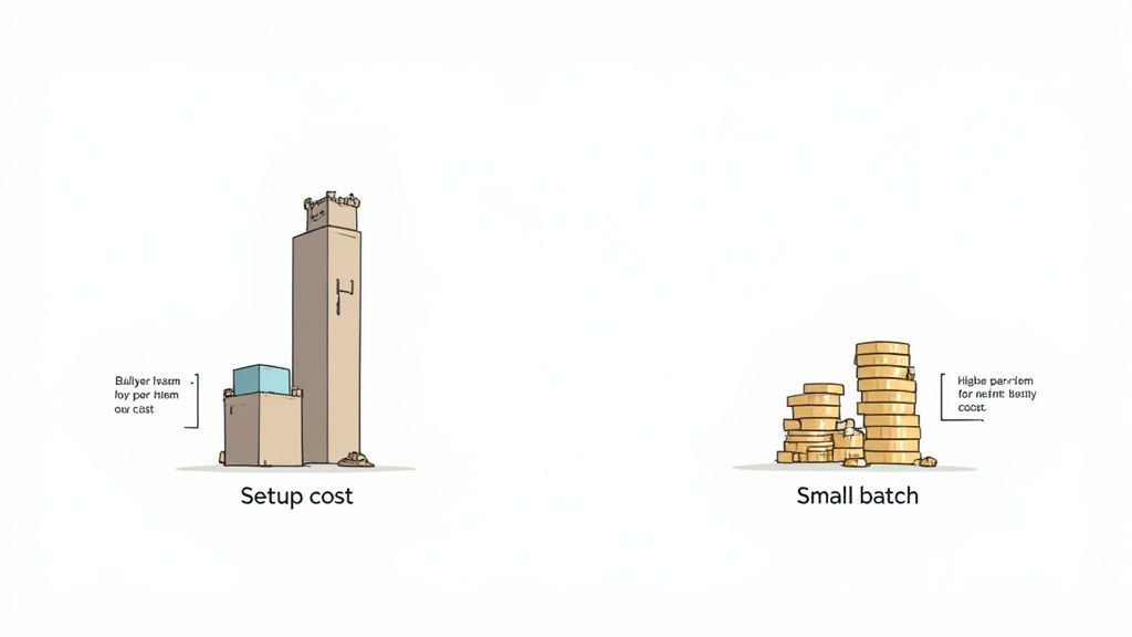 Illustration contrasting high setup costs represented by large structures with higher per-item costs for small batches shown as stacks of coins.