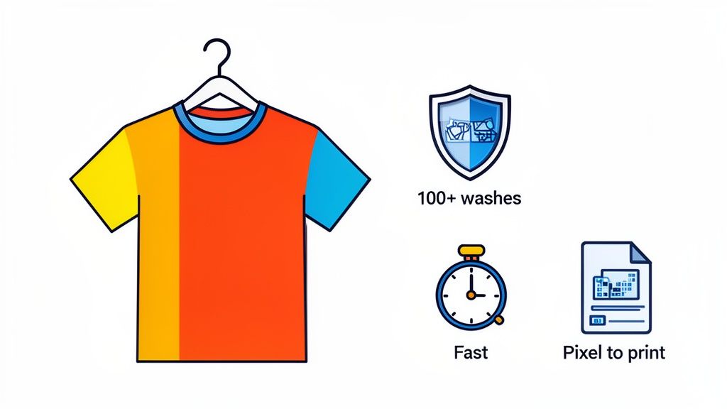 A vibrant, multi-colored t-shirt on a hanger with icons for 100+ washes, fast service, and pixel-to-print quality.