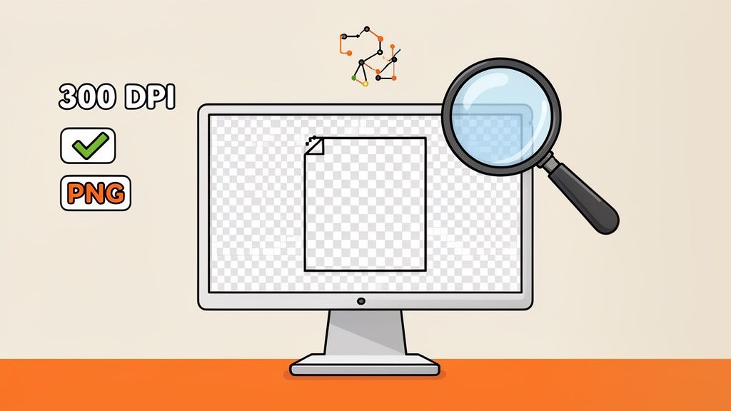 A computer monitor displays a transparent file, magnified by a loupe, with "300 DPI" and "PNG" labels.