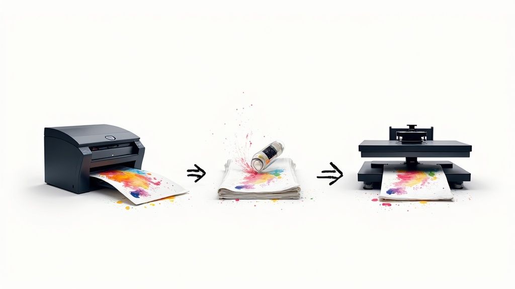 A DTF printer in action, printing a colorful design onto a transfer film