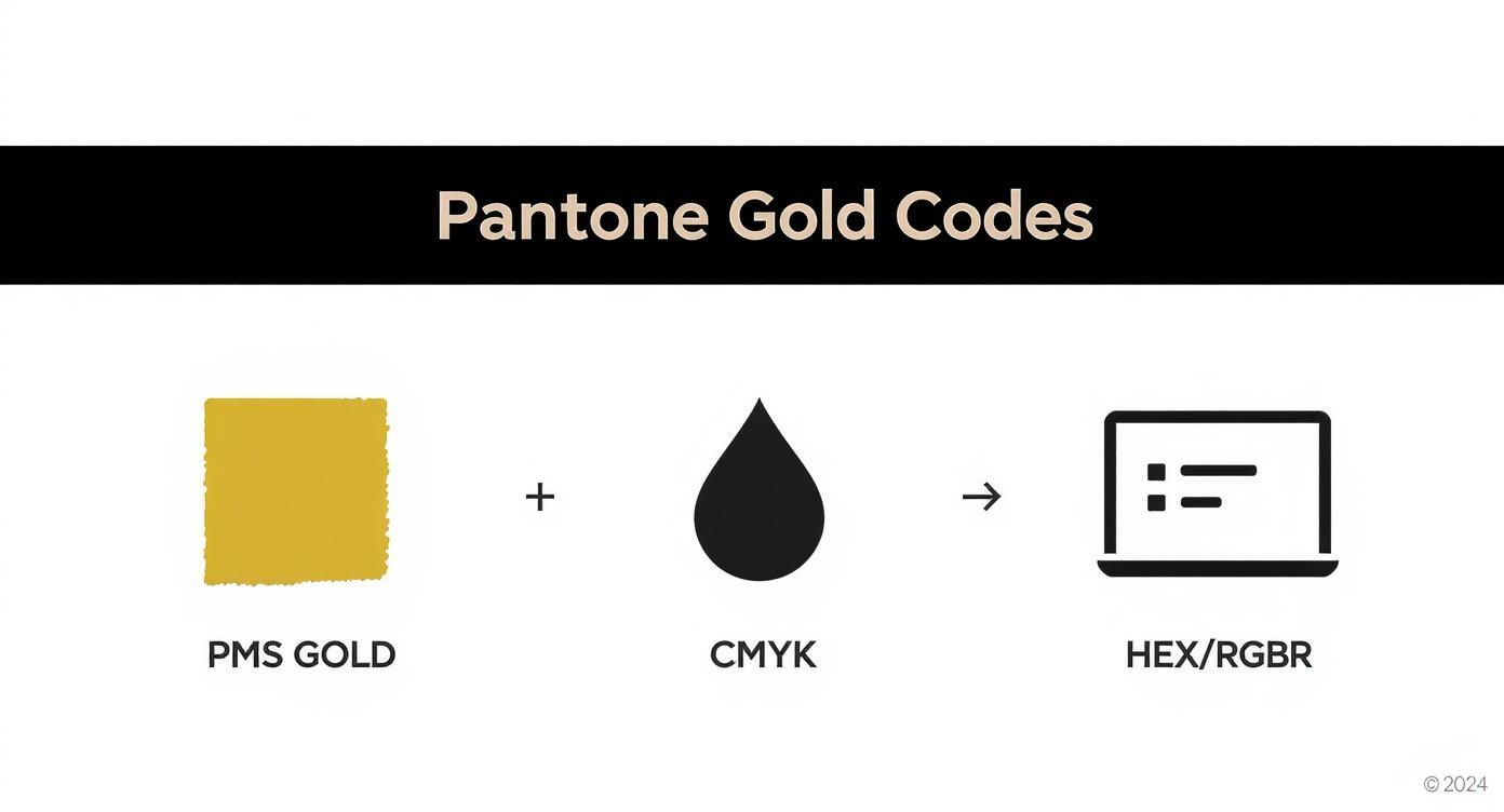 A graphic demonstrating the conversion of PMS gold color codes to CMYK and HEX/RGBR formats.