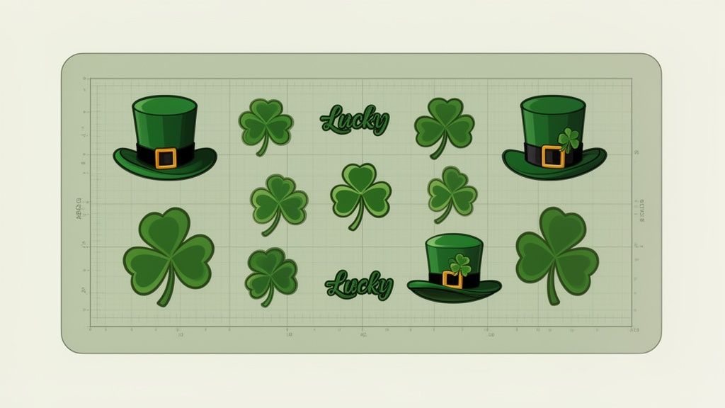 Green shamrocks, leprechaun hats, and 'Lucky' text on a grid for St. Patrick's Day.