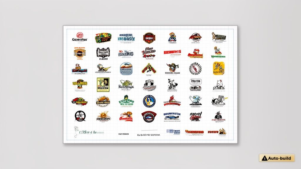 Numerous creative and colorful cartoon logos arranged on a grid, showcasing diverse branding styles.