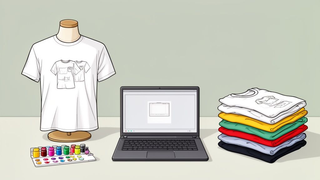 A custom t-shirt design setup with a white tee on a mannequin, laptop, paints, and folded colorful shirts.
