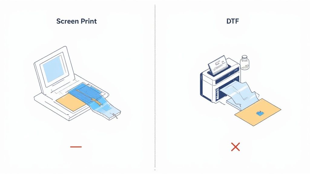 Illustration comparing screen printing setup with a squeegee and DTF printing using a printer.