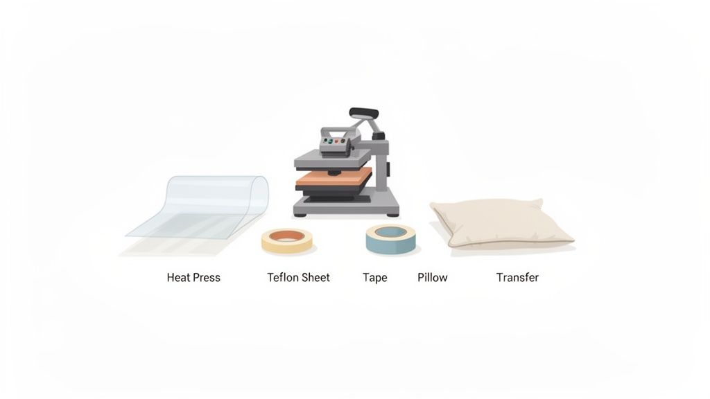 A flat lay of heat transfer printing supplies including a heat press machine, protective sheet, tape, and pillow.