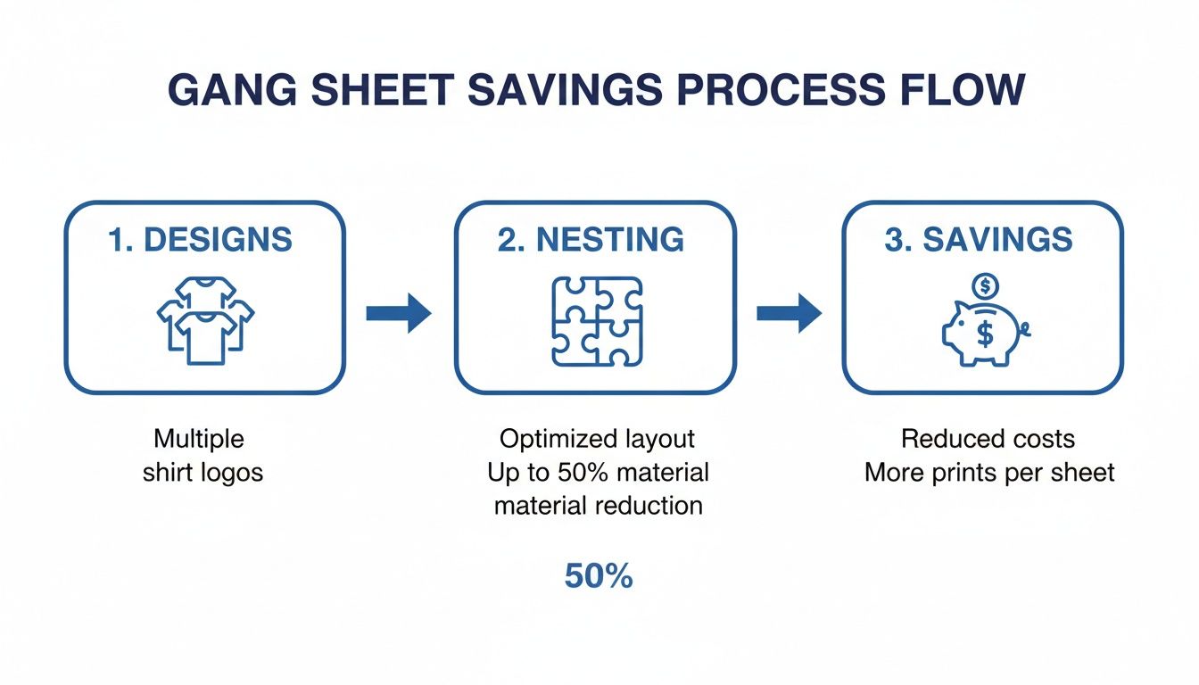 Flowchart illustrating the gang sheet savings process: designs, nesting for material reduction, and cost savings.