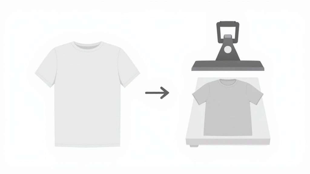 T-shirt heat press transfer printing process diagram showing blank shirt and heat press machine
