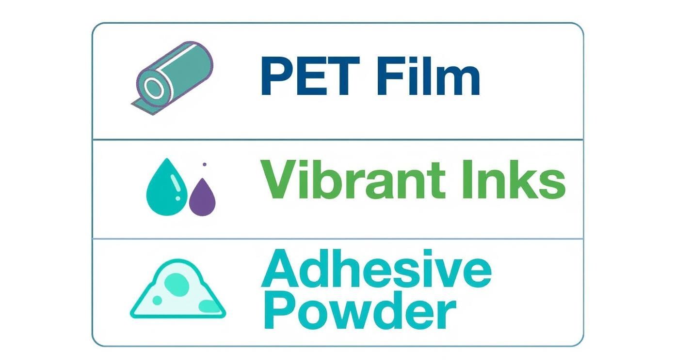 Three printing supplies labeled PET Film, Vibrant Inks, and Adhesive Powder with corresponding icons