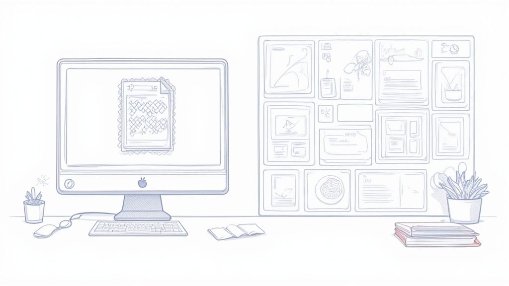 A minimalist, hand-drawn illustration of a modern office desk setup with a computer and content board.