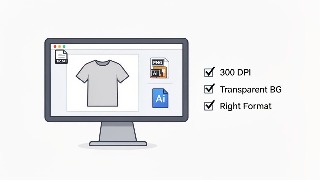 A computer screen displays a grey t-shirt design with file requirements like 300 DPI, transparent background, and correct format.