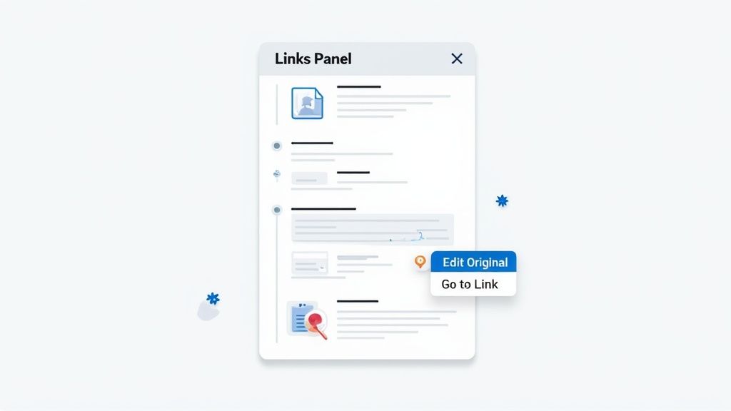 A digital 'Links Panel' interface displaying linked documents with 'Edit Original' and 'Go to Link' options.