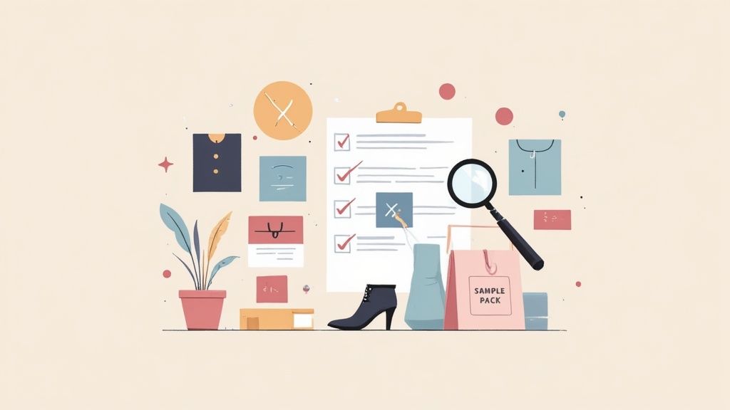Minimalist illustration showing a checklist, magnifying glass, clothes, shoe, and a sample pack.