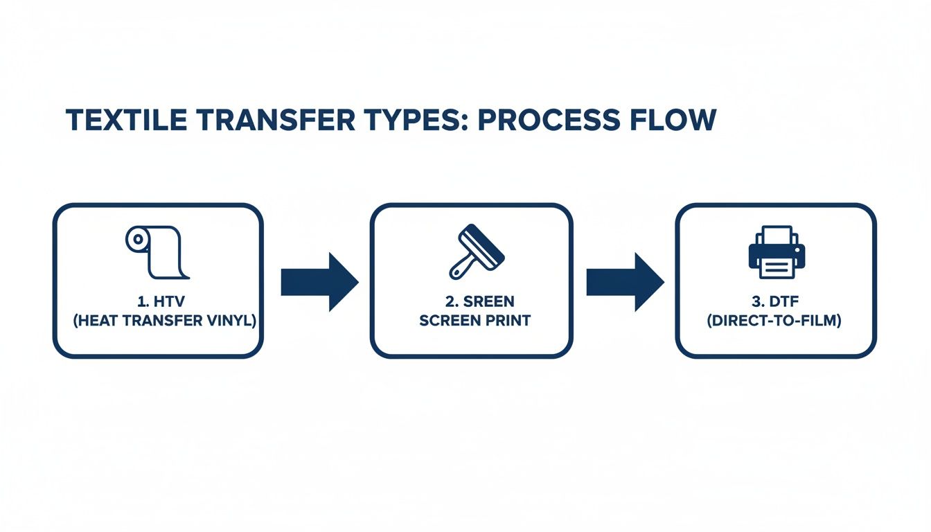 A process flow diagram illustrating three types of textile transfers: HTV, Screen Print, and DTF.