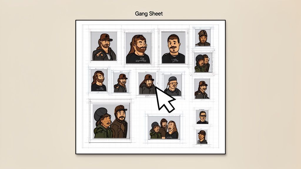 A "Gang Sheet" displaying multiple cartoon portraits of diverse individuals, some with beards, hats, and in groups, with a mouse cursor.