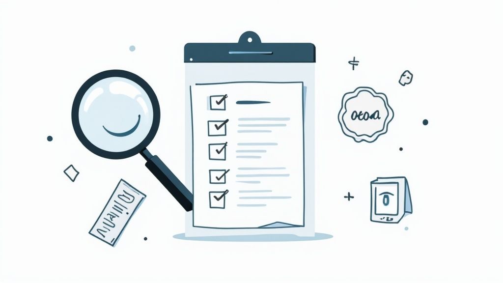 A cartoon illustration featuring a magnifying glass, a clipboard with a checklist, and various small icons.