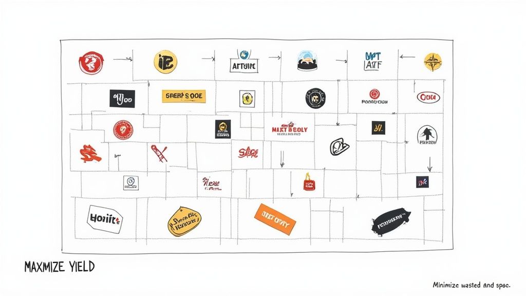 A grid diagram illustrating various logos and icons, connected by arrows, depicting a process flow or sizing chart.