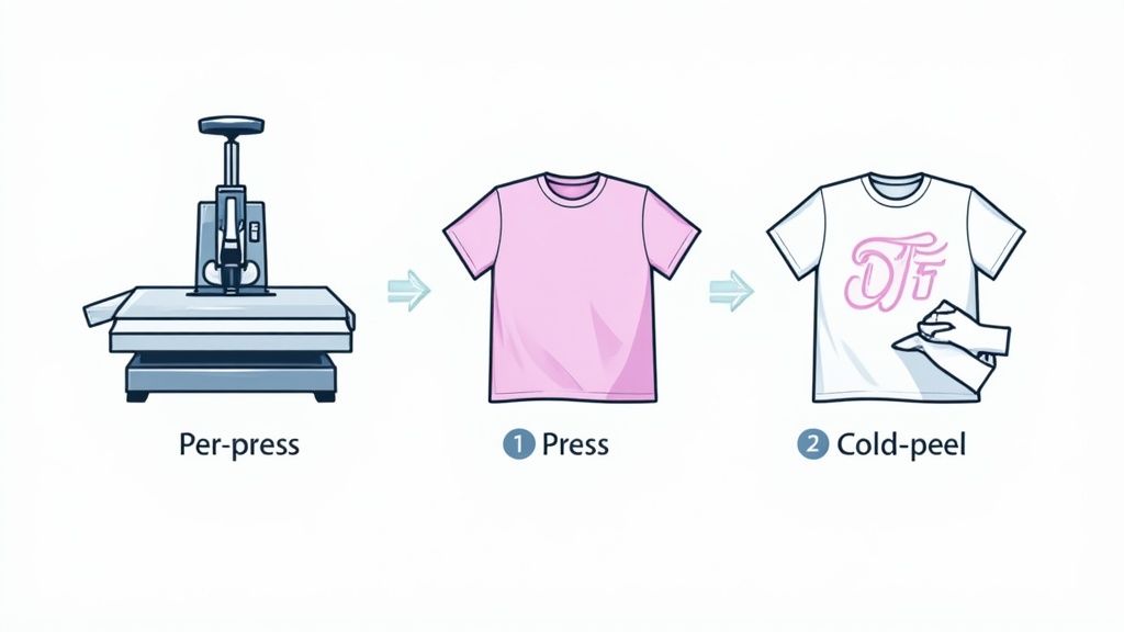 DTF printing process showing heat press machine, pressed pink shirt, and cold peel transfer application