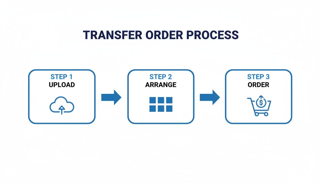 Diagram illustrating a three-step transfer order process: upload, arrange, and order items.