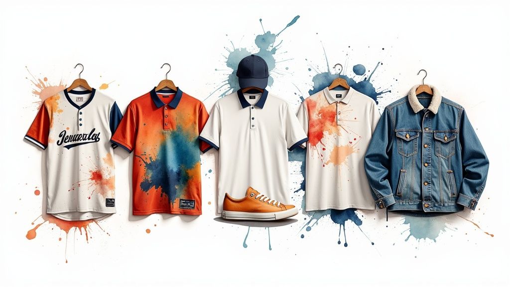 A collection of different items customized with colorful DTF transfers, like a hat, a tote bag, and a denim jacket.