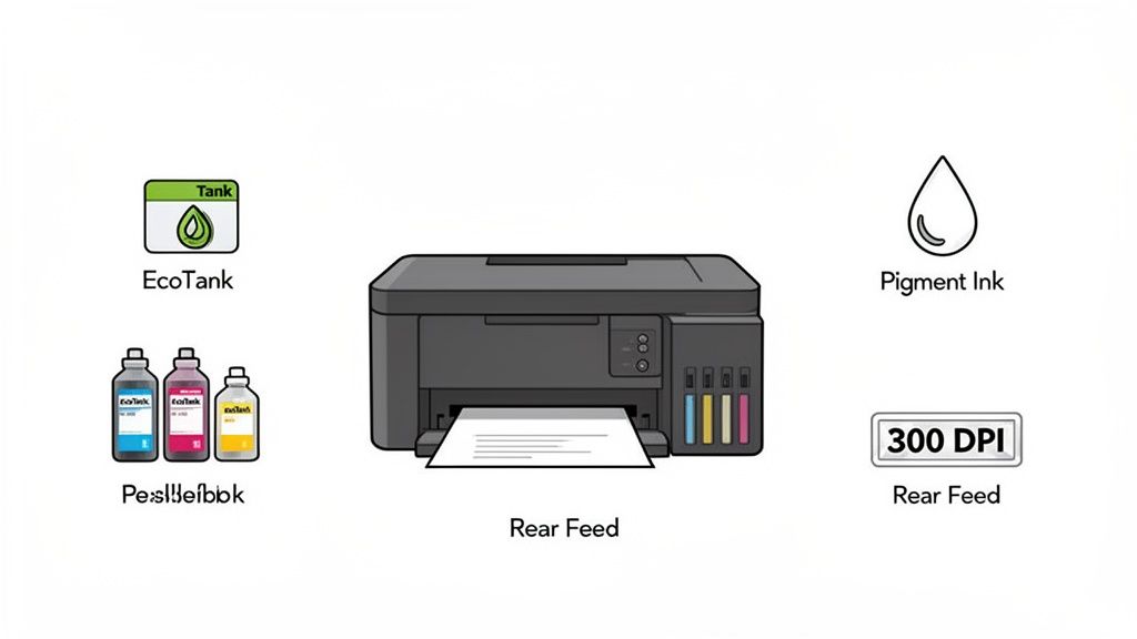 A detailed diagram showcasing a printer's features, including EcoTank, ink bottles, pigment ink, and rear feed.