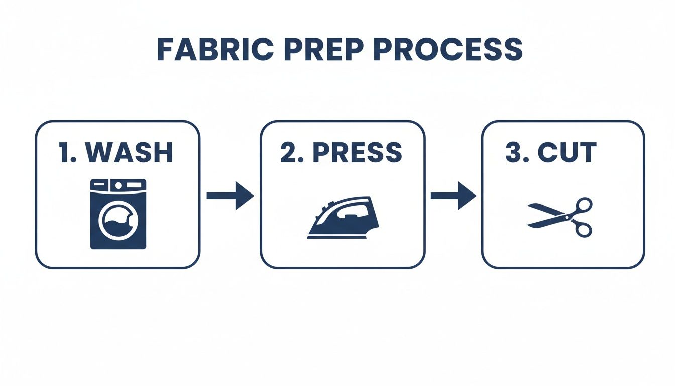Infographic illustrating the fabric preparation process with three clear steps: wash, press, and cut.