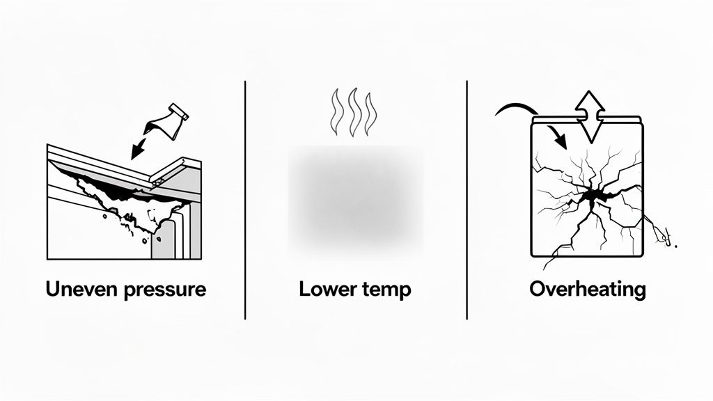 Three diagrams illustrate common problems with iron-on transfers: uneven pressure, lower temperature, and overheating.