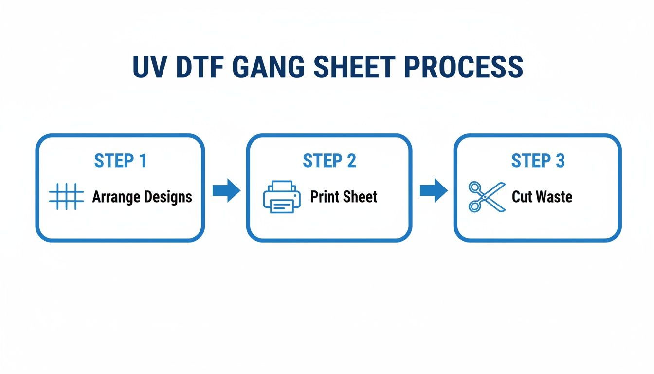 A three-step diagram illustrates the UV DTF gang sheet process: arrange designs, print sheet, cut waste.
