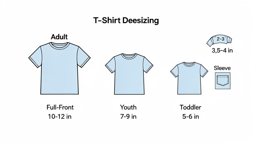 Guide displaying t-shirt design dimensions for adult, youth, and toddler full-front and sleeve areas.